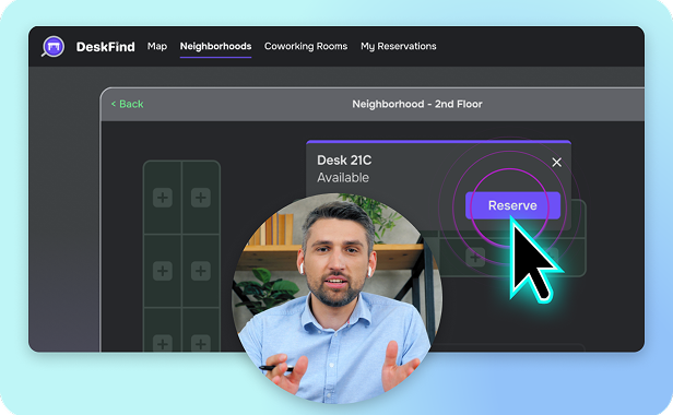 A software demonstration layout with a web interface for an app called "DeskFind" shows a floor plan. A glowing neon cursor is hovering over a purple "Reserve" button for "Desk 21C." A man is framed within a circular inset, gesturing while speaking to the audience.
