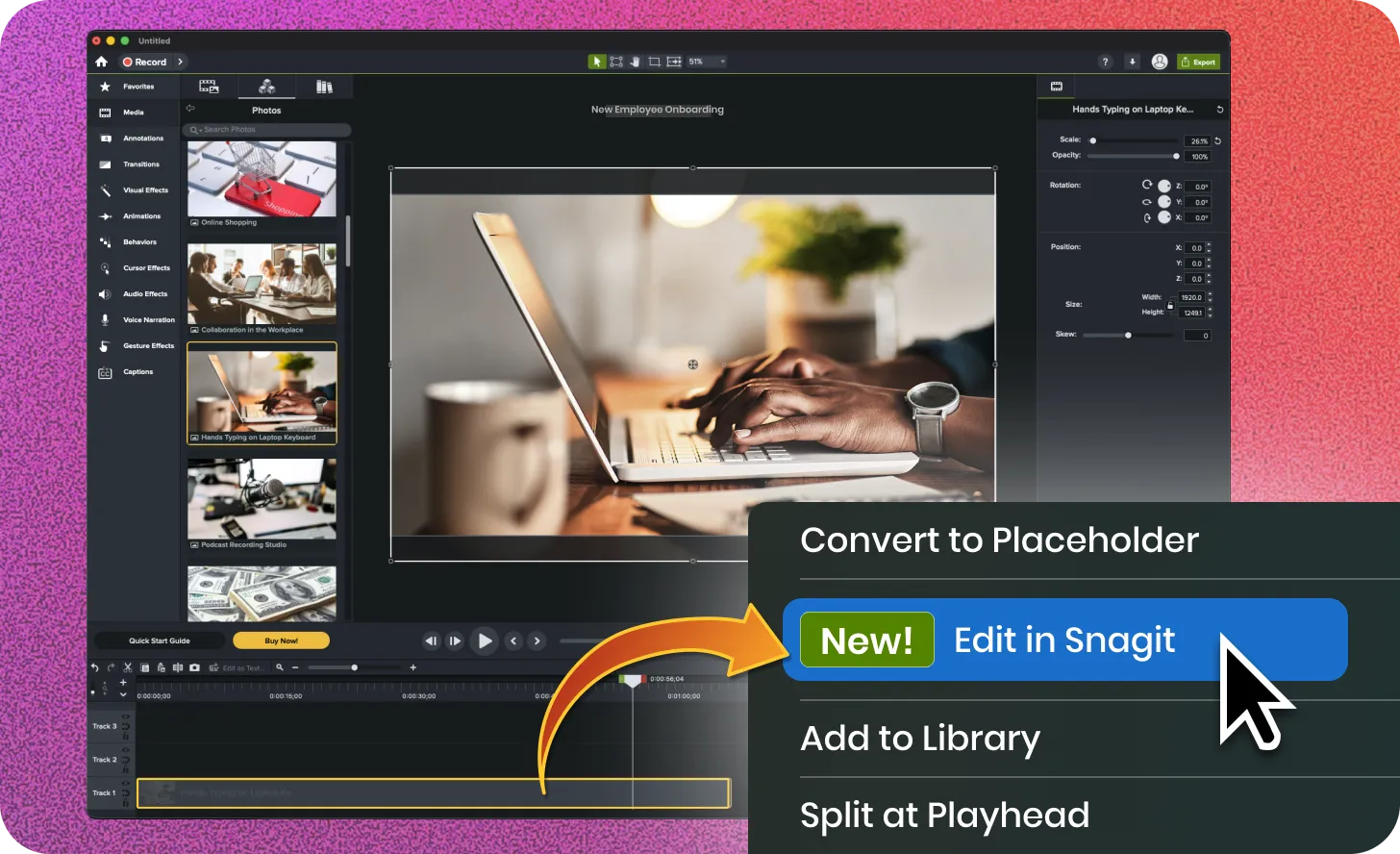 Edit in Snagit button being accessed from the Camtasia Editor timeline